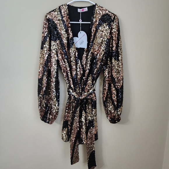 Buddy Love Size M Dress Black / Gold Sequins Loose Fit Wrap Dress Mid Thigh - Picture 2 of 9